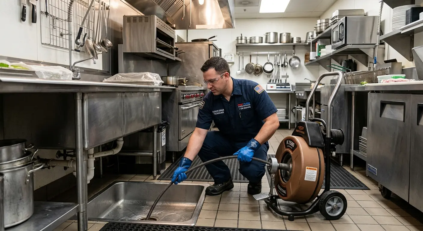 Commercial drain cleaning service in a restaurant kitchen in Halawa