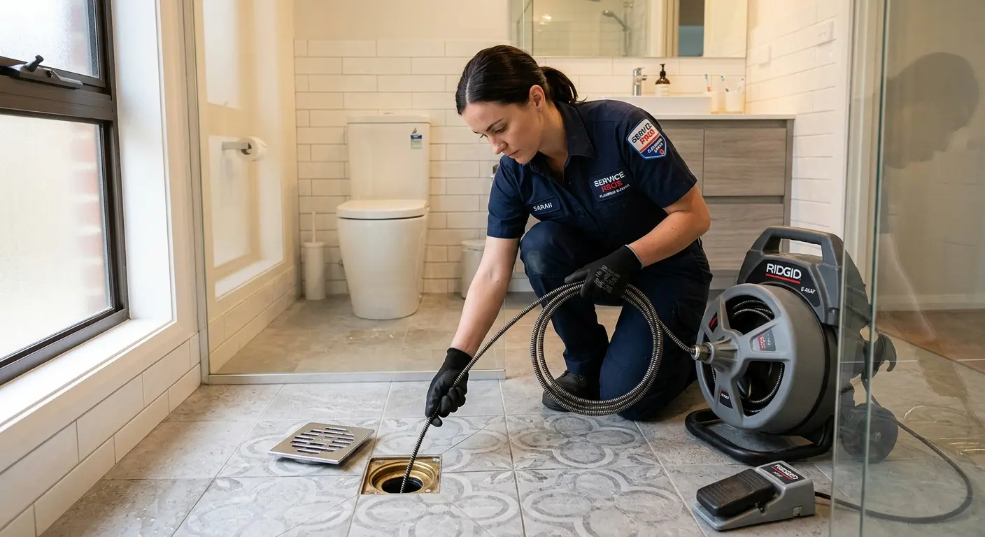 Technician clearing a bathroom floor drain for Drain Cleaning in Halawa